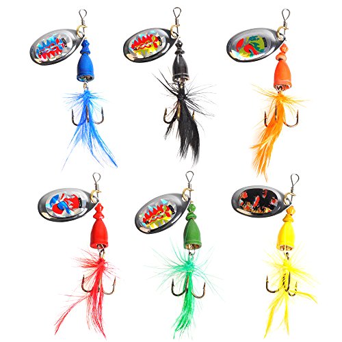 Dr.Fish 6 Spinners Fishing Lure Kit Rooster Feather Tail 1/8oz Bass Salmon Trout Walleye Baits Lures Treble Hook