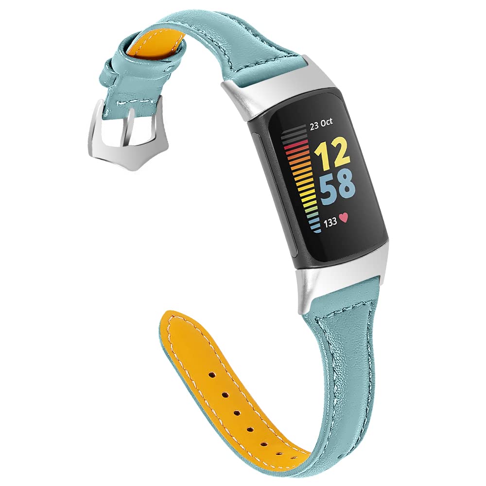Gimuk Leather Strap Compatible with Fitbit Charge 5 Strap, Women Men Genuine Sport Band Replacement Watch Wristband Bracelet for Fitness Tracker (Blue), Small/Large (C5WF691AA/G)