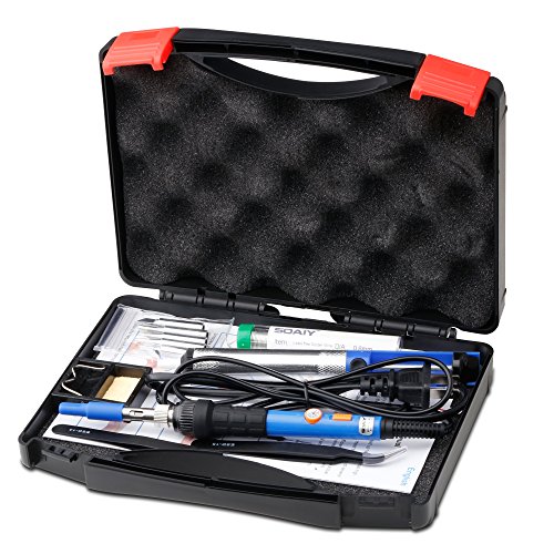 SOAIY Full Set 60W Adjustable Temperature ON/OFF Switch Welding Soldering Iron Kit with Tips Cleaner Sponge, 5 Soldering Tips, Anti-static Tweezers,