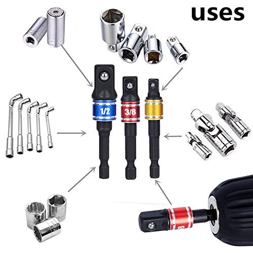 Power Hand Tools, Drill Bits Set, 3Pcs 1/4" 3/8" 1/2" Cr-V Hex Shank Impact Grade Driver Socket Adapter/Extension Set Drill Bit with 105 Degree Right Angle Screwdriver set Drill Hex Bit Socket Adapter