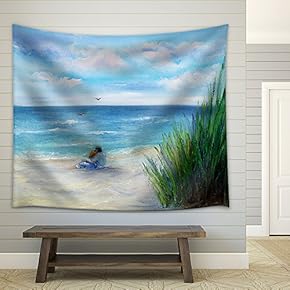 Original Oil Painting Showing Couple in Love Sitting on The Beach and Looking at Ocean - Fabric Wall Tapestry Home Decor - 51x60 inches