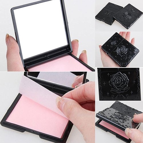 Polytree 50 pcs Blotting Paper Beauty Control Oil Absorbing Tissues Face Facial Make Up Sheets with Mirror Black Plastic Cover