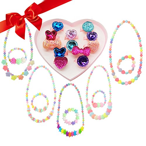 IDOXE Princess Necklace Bracelet Ring, Party Favor Pretend Play Necklaces for Little Girls Jewelry Value Set