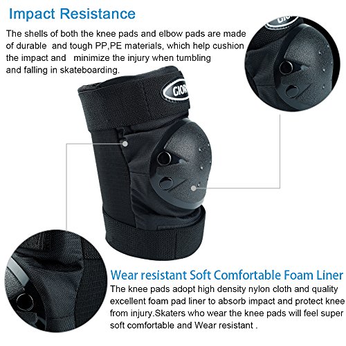 GIORO Adult/Child's Multi Sports Protective Gear, 3 In 1 Set Knee Pads Elbow Pads Wrist Guards for Skateboarding Skating Cycling Climbing Biking BMX Bicycle Scooter (Black, Child/Youth) - Thumbnail 2