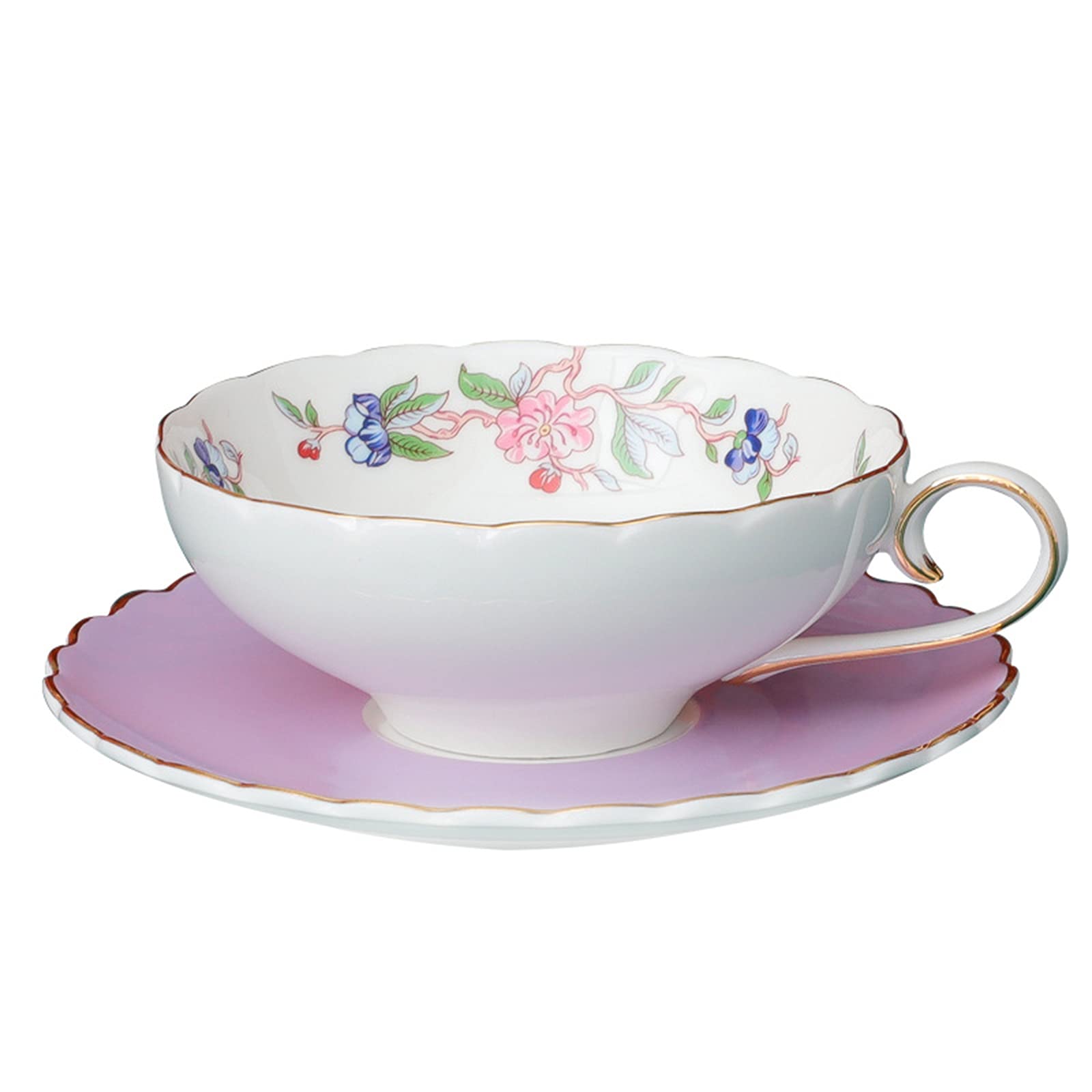 fanquare Porcelain Coffee Cup and Saucer, Lotus Flower Tea Cup Set, Afternoon Tea Cup with Gold Trim, Purple