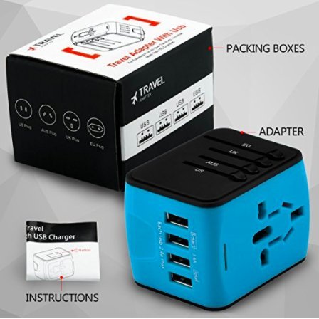 Unidapt International All in One Multi-Nation Worldwide Universal 4-USB Travel Power Adapter Charger - Travel to USA Europe Asia and UK Great for iPhone/Smartphones/Laptops & more (Blue)