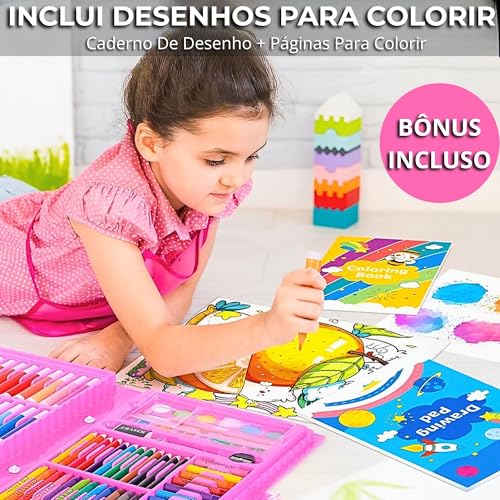 Maleta de Pintura Infantil 86 Peças — Estojo Rosa, Lápis de Cor, Canetinha, Giz de Cera, Aquarela e Pincel, Para Meninas 4 a 12 Anos, Escola e Presente