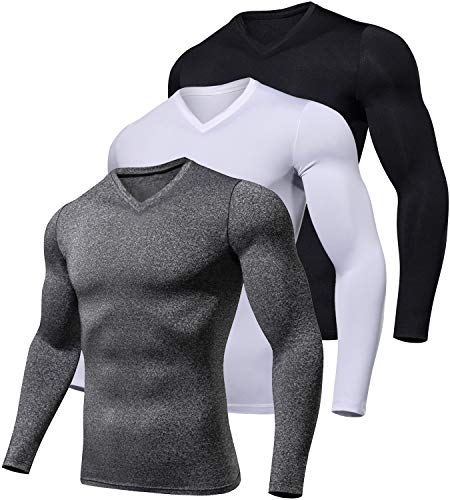 Lavento Men's 3 Pack Compression Shirts Baselayer Long-Sleeve Dry Fit T-Shirts (V Neck Black/Dark Gray/White,X-Large)