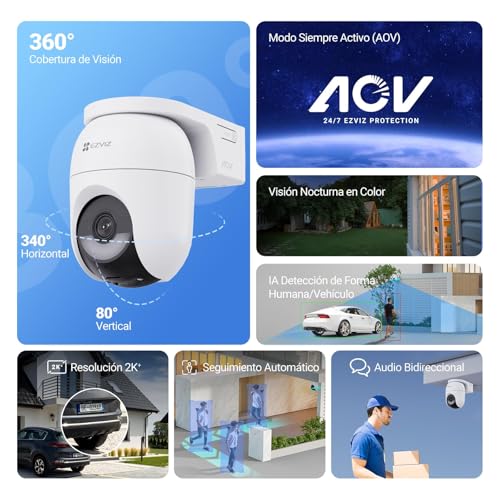 EZVIZ HB8c Kit, 4MP, Cámara WiFi 360 con Batería y Panel Solar, Exterior, Modo AOV Grabación Continua con Consumo Optimizado, Detección Humano/Vehiculo, Seguimiento Inteligente, Vision Nocturna Color