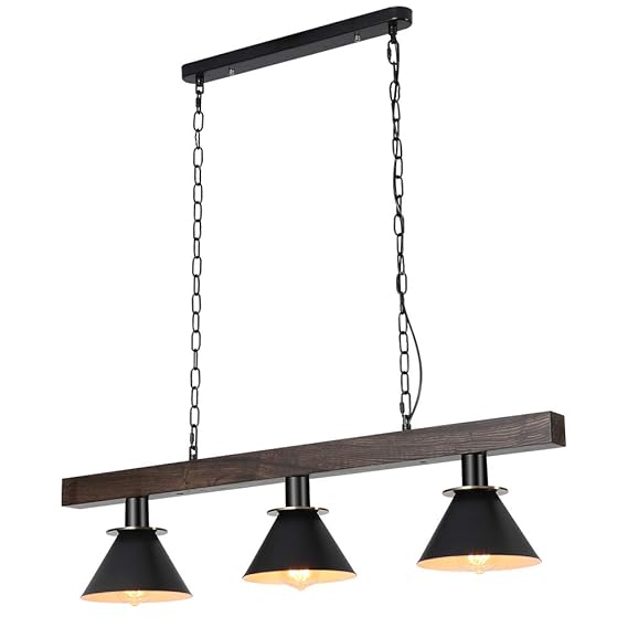 CARYS Pendelleuchte Vintage Hängelampe Industrielle Hängeleuchte aus Metall/Holz in Schwarz, 3-flammig, 3 x E27, Pendellampe 