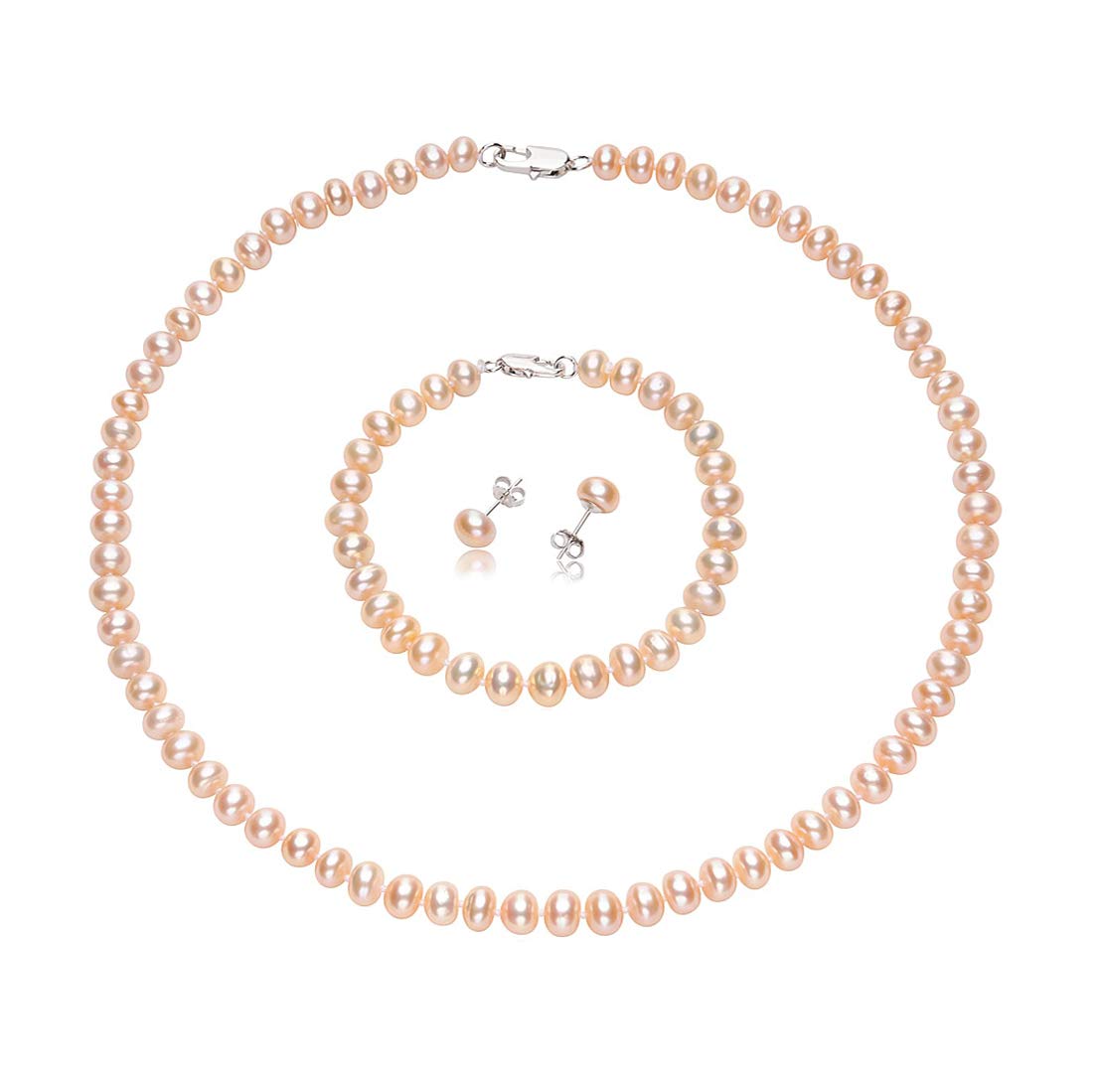 Treasure Bay Women's Pearl necklace earrings Set - 7mm Freshwater Pearl Jewellery Set for Women, Girls With Sterling Silver Clasp (Pink)