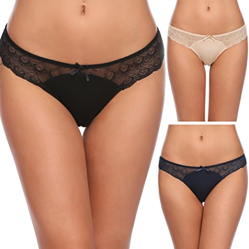 Ekouaer Womens Panties Hipster Briefs Underwear Lace Briefs Panties Pack,Black/Blue/Nude 3 Pack,Medium