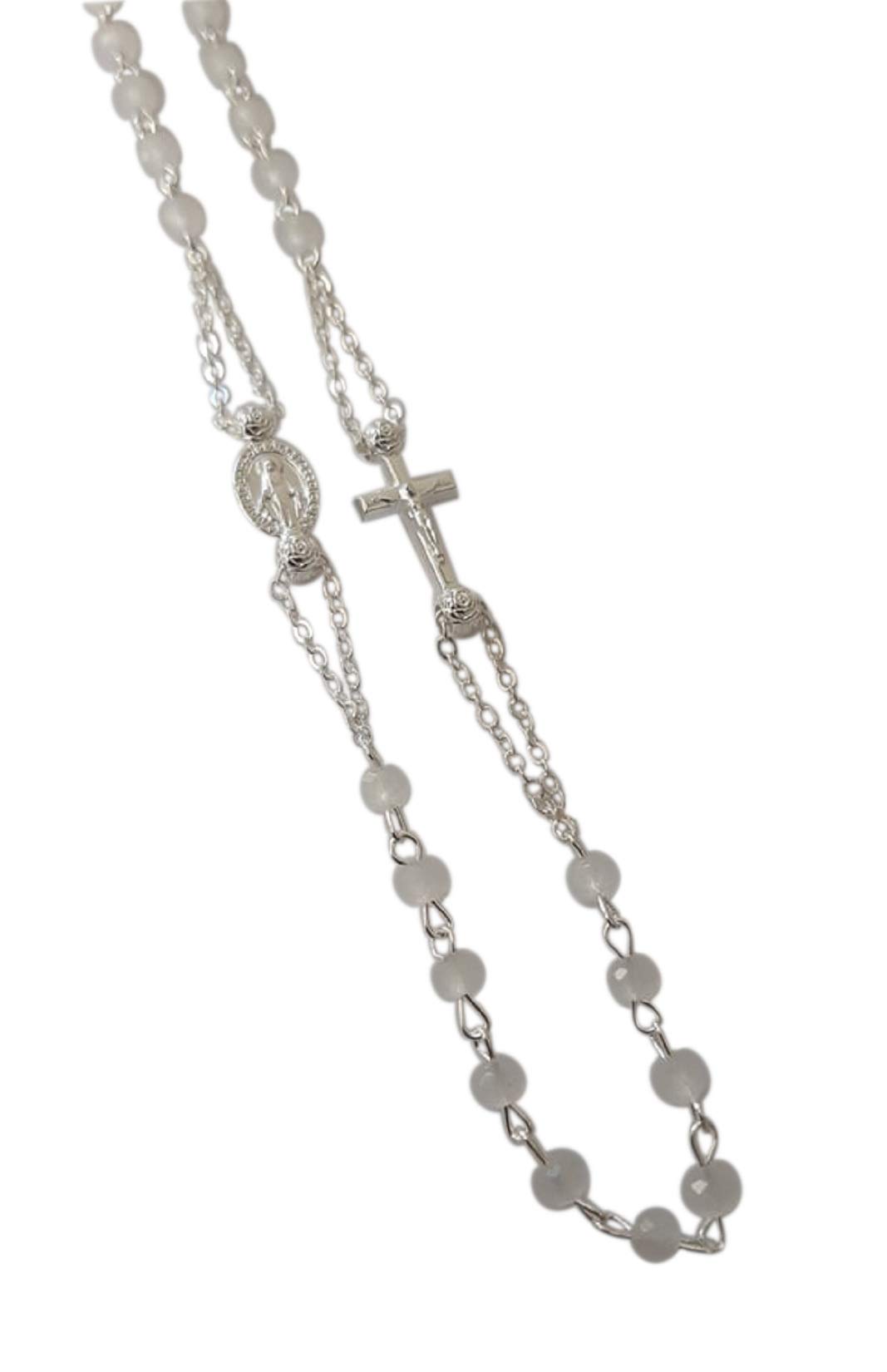 Eurofusioni Rosary necklace for women Silver plated cross and white Crystal beads