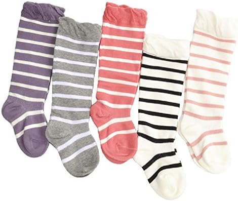5 Pairs Toddler Baby Girls Socks Knee High Cotton Socks Stripe Pattern Baby Stockings