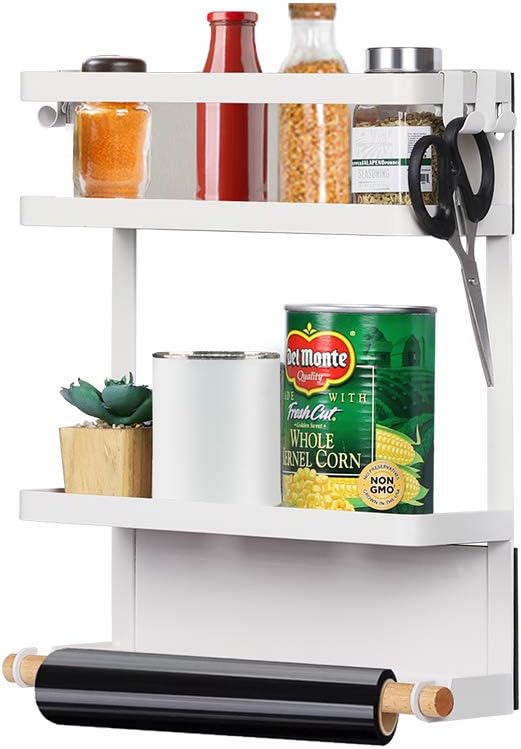 Nandae Magnetic Fridge Organizer, Spice Jars Rack Kitchen Rack Refrigerator Side Shelf Storage Rustproof with 4 Removable Hooks, White