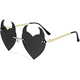 Klfoho Devil Ear Heart Shape Sunglasses Rimless Goth Glasses for Women Men Christmas Party Cosplay Glasses Trendy Eyewear