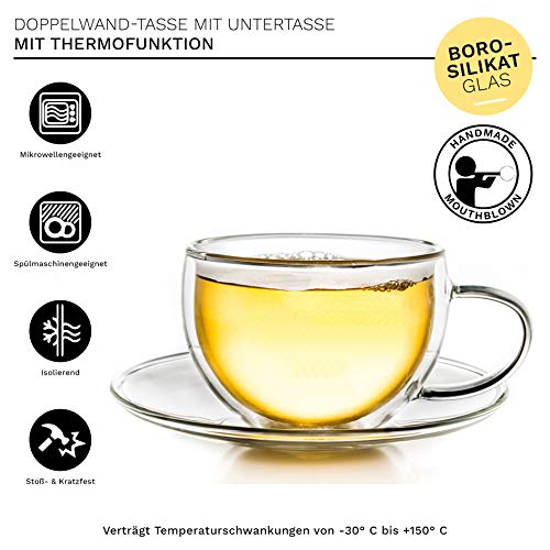 Creano Thermo-Tasse, doppelwandige Tee-/Latte Macchiato Cappuccino Tasse mit Untersetzer | 250 ml – Bild 4
