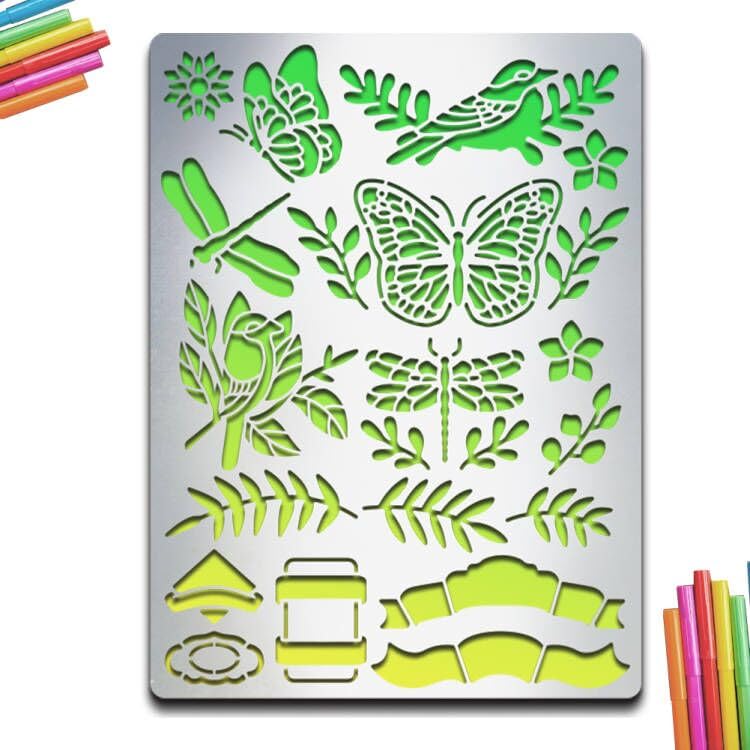 MAYJOYDIY Butterfly Dragonfly Metal Stencil Bird Plant Journal Stencil Reusable Stainless Steel Stencil 14×19cm for Scrapbooking DIY Craft Album Paper Card Decor
