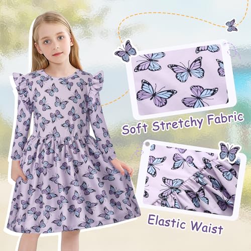VASCHY Girls Dresses, Dress Long Sleeve Short Printed Dress Unicorn Princess Butterfly Mermaid Dresses Clothes Cotton Summer Party Holiday Dress 3-10 Years