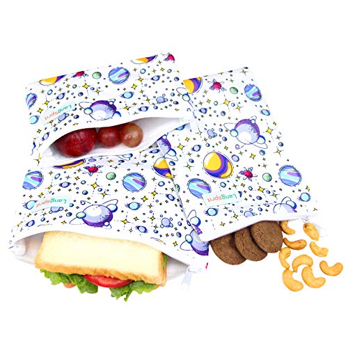 Langsprit Premium Reusable Sandwich & Snack Bags- Eco Friendly Dishwasher Safe Lunch Bags - Set of 3 - (Planet)