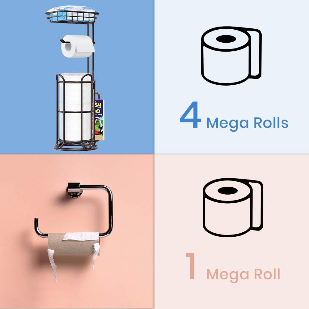 [Upgrade] Toilet Paper Holder Stand with Shelf Tissue Holders for Bathroom FreeStanding Bath Tissue Roll Holder for Mega Rolls/Phone/Wipe/Magazine-Bronze: Kitchen & Dining