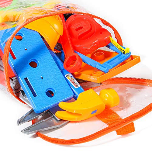 PROLOSO 37 Pcs Construction Tool Toys Set for Kids Pretend Play Construction Accessories Playset with Carry Bag