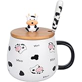 XinHuiGY Cute Cow Mug Kawaii Animal Coffee Mug with Lid and Spoon, Highland-Cow Gifts Ceramic Tea Cup, Creative Cartoon Print Coffee Cup Stuff Gift for Women Office Personal Birthday Christmas 480ml