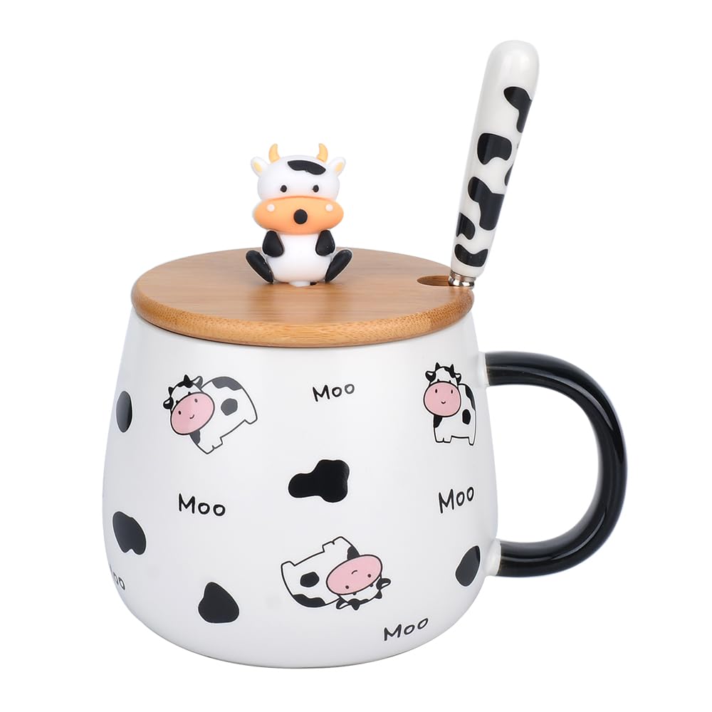 XinHuiGY Gift for Women, Cow Coffee Mug with Lid and Spoon, Cute Cow Print Stuff Gifts, Ceramic Kawaii Cartoon Animal Tea Cup Mugs Home and Office, Birthday, Christmas, Girls, Boys 380ml