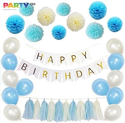 51 Pieces Happy Birthday decorations, party supply, all-in-1 kit, Blue/White, foiled banner flag, paper fluffy Flower, pom poms