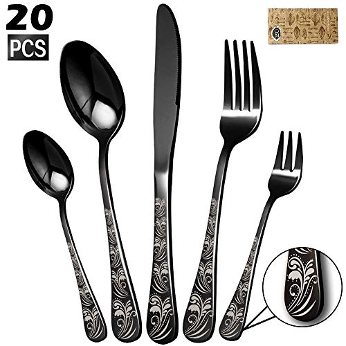 Silverware Set, Elegant Life 20-Piece Stainless Steel Flatware Cutlery Set, Knife Fork Spoon Flatware, Mirror Finish, Smooth Edge, Service for 4 (Black) - Thumbnail 7