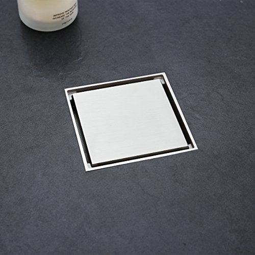 RANDOM 4 inch Square Shower Floor Drain Solid Brass Bathroom Tile Insert Floor Drainer with Removable Strainer Cover Brushed Nickel Finish Anti-clogging for Kitchen, Washroom, Garage and Basement.