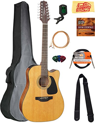 Takamine GD30CE12NAT 12-String Dreadnought Cutaway Acoustic-Electric Guitar - Natural Bundle with Gig Bag, Cable, Tuner, Strap, Strings, Picks, Austin Bazaar Instructional DVD, and Polishing Cloth