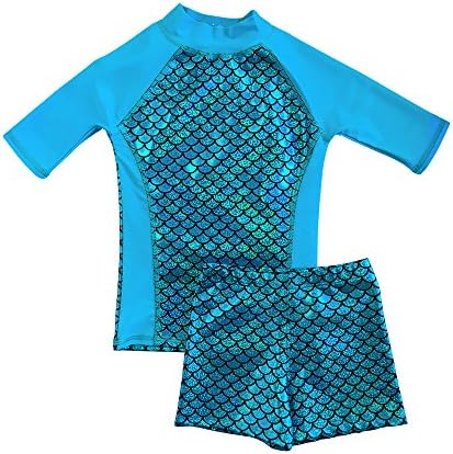 grUVywear UV Sun Protective UPF 50+ Girls UV Rashguard 2 pc Swim Top &amp; Short Set (Large/9-10, Bloo-Mer)