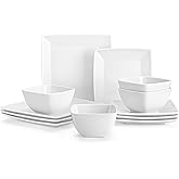 vancasso Soho Dinnerware Sets 12 Pieces, White Stoneware Square Place Setting, Dinner Plate, Dessert Plate, Bowls Service for 4