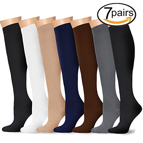 7 Pairs Compression Socks For Women and Men - Best Medical, Nursing, for Running, Athletic, Edema, Diabetic, Varicose Veins, Travel, Pregnancy & Maternity - 15-20mmHg, Small / Medium,  Assorted 1