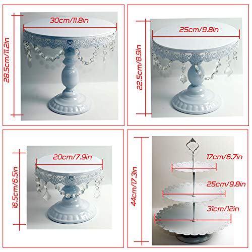 Proshopping 9 Set Antique Metal Cake Stand, Classical Round Cupcake Holder, Cake Plate Tray, Cookie Pedestal Display Tower, for Wedding Birthday Party, with Crystals Pendants and Beads, White - Thumbnail 6