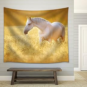 White Orlov Trotter Horse in Rye, Golden Sunset - Fabric Wall Tapestry Home Decor - 51x60 inches