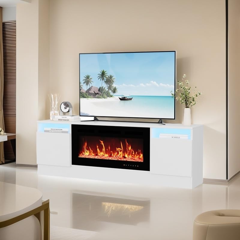 Photo 1 of [Missing Key Components] Modern TV Stand for TV Up to 75" TV, 70 ''White Television Media Console Table Cabinets With LED Lights?Entertainment Center for Living Room/Farmhouse/Bedroom/Small Place(Not Included Fireplace)