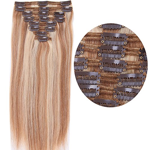 s-noilite 10"-22" Thick Double Weft 130-160g Grade 7A 100% Clip in Remy Human Hair Extensions Full Head 8 Piece (14"=120g, #18/613 Ash Blonde&Bleach Blonde)