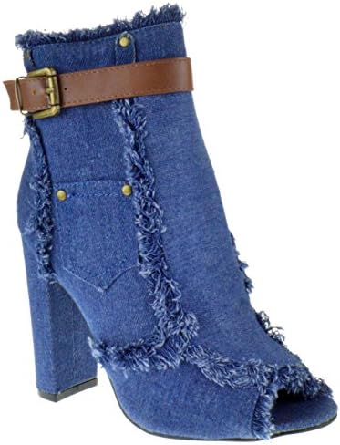 Foever Sherry Womens Frayed Denim Peep Toe Chunky Heel Booties
