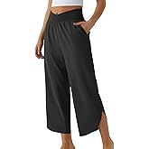 Phophila Wide Leg Capri Pants for Women Crossover High Waist Casual Palazzo Slacks Summer Beach Vacation Clothes with Pockets