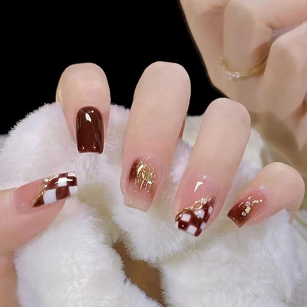 Carufin 24Pcs Christmas Tree Love Short Fake Pearl Flowers Dog Rabbit Acrylic False Press on Nails for Women Girls (K)
