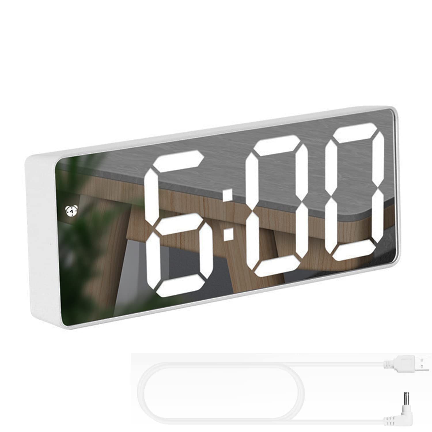 TriLine LED Digital Desk Clock, Bedside Acrylic/Mirror Large Screen Alarm Voice Control Snooze Time Date Temperature Display Night Mode (White) — image 1