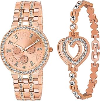 Analogue Rose Gold Metal Watch & Bracelet Combo for Women & Girls