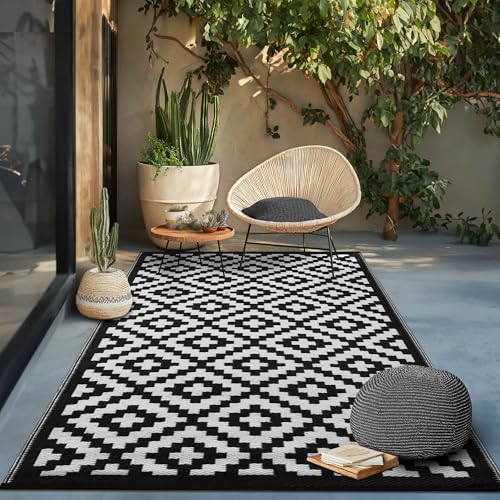 Green Decore Wendbarer Öko-Teppich aus recyceltem Kunststoff (Plastik) für Innen und Außen/Federleicht, 120 x 180 cm, Schwarz/Weiß