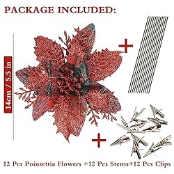 GREENTIME 12 Pcs Glitter Poinsettia 5.5" Artificial