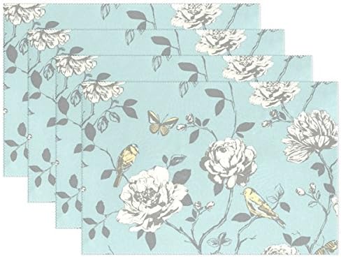LAVOVO Teal Floral Butterfly Bird Placemats Plate Holder 12"x18" , Heat-resistant Stain Resistant Table Mats for Kitchen Dining Room Set of 6