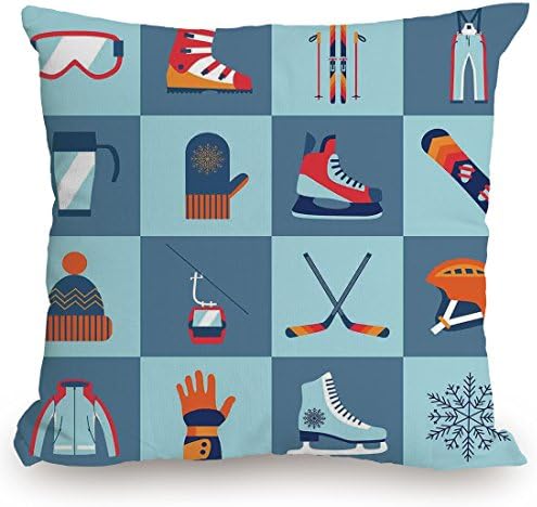 KissCase Throw Pillow Cushion Cover,Kids,Ice Skating Winter Sports Skiing Boot Cap Glasses Glove Helmet Skates Snowboard Print,Decorative Square Accent Pillow Case