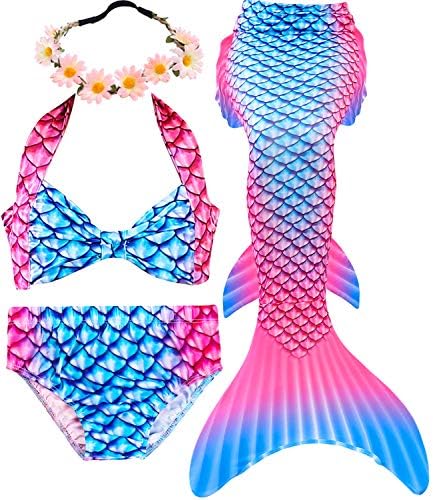 Garlagy 3 Pcs Girls Swimsuit Mermaid Tails for Swimming Princess Bikini Bathing Suit Set Can Add Monofin for 3-12Y