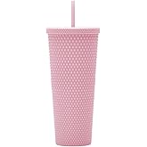 24oz Fully Studded Tumbler.Matte Light Pink Studded Tumbler with Lid and Straw.Reusable Double Walled Insulated Travel Tumbler.Plastic Acrylic Pastel Colored Tumbler Cup for Iced Coffee Smoothie.